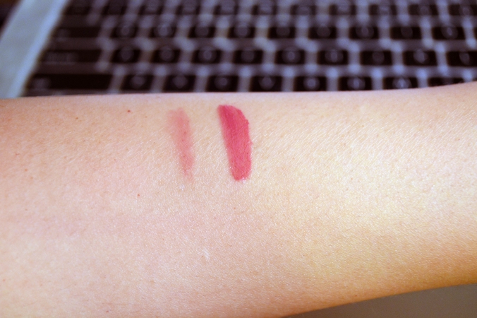 Raspberry Tart arm swatches, worn sheerly and at full opacity.