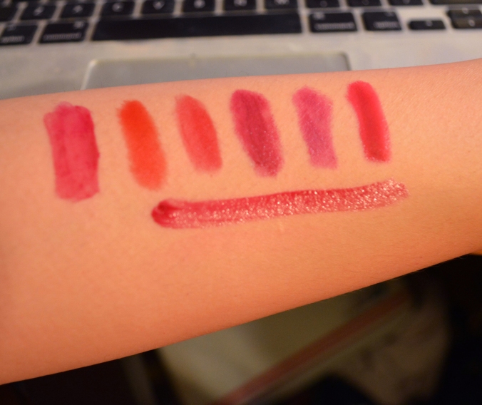 Epic comparisons and dupes (L-R): Epic, CoverGirl Berry Wink, CoverGirl Plum Pout (see my review here!), MAC Rebel, Nyx Aria, Too Faced Melted Berry. Second row is just Epic, for comparison.