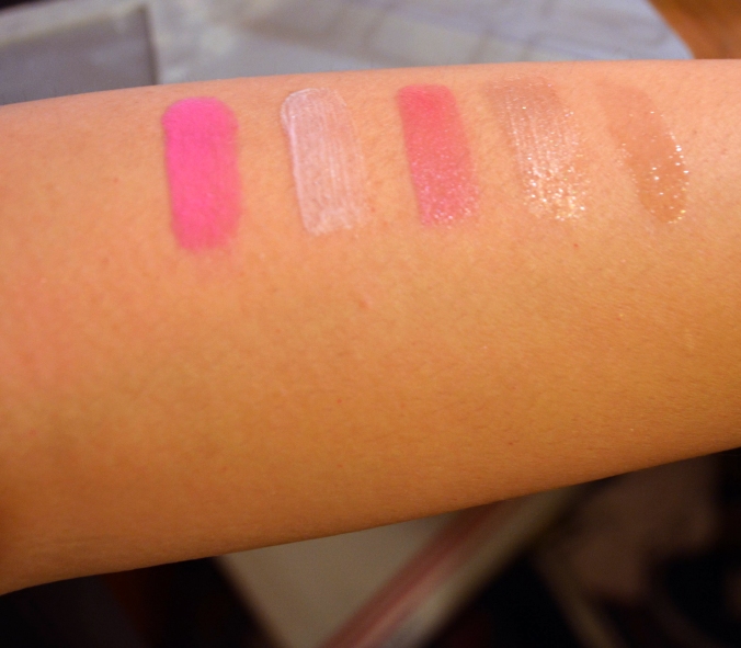 Swatched on bare skin (L-R): Loved You First, One Thing, Irresistable [sic], Heart Attack, Over Again